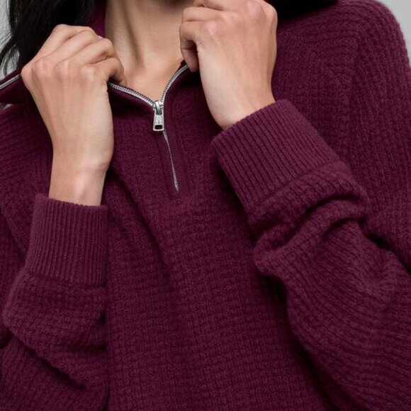 Alo Yoga Cashmere Plush Waffle 1/4 Zip Pullover Burgundy - Picture 2 of 4